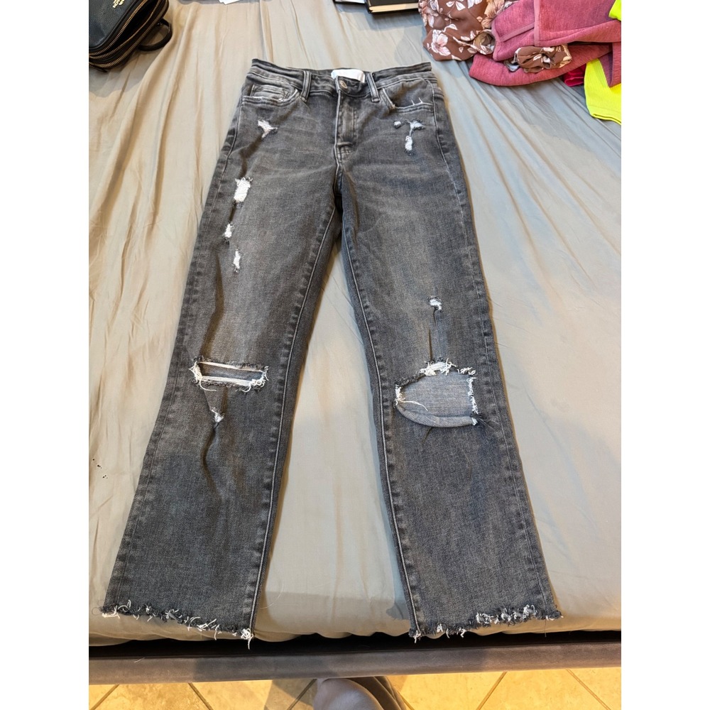 Vervet Blue Womens Distressed Straight Leg Jeans Black Frayed Hem Size 26 T5180